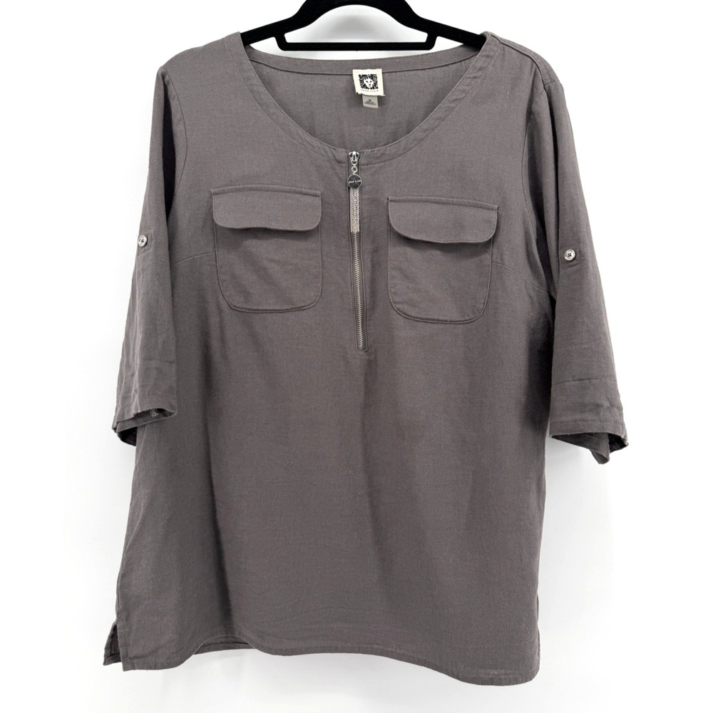 Anne Klein Linen Tunic Women Medium Gray Excellent 1/2 Zip Roll Tab Tassel Top